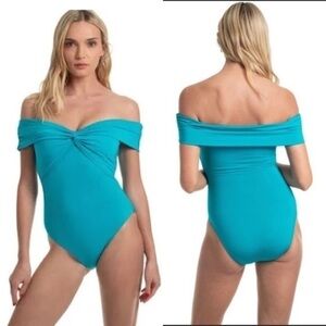 Trina Turk Getaway Solid Turquoise Twist Bandeau One Piece Moderate Coverage